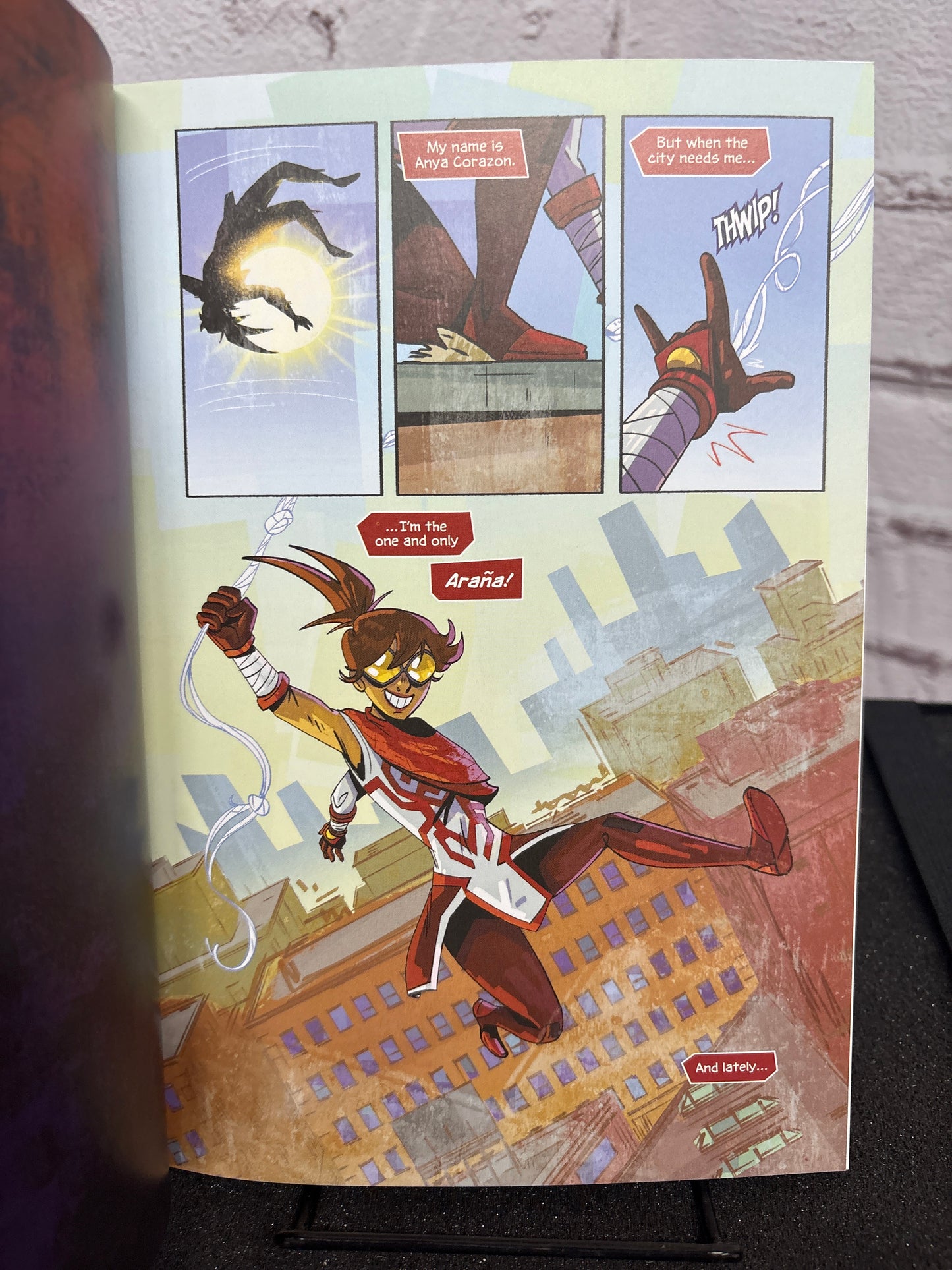 Comic-style illustration of a superhero in action on a cityscape background