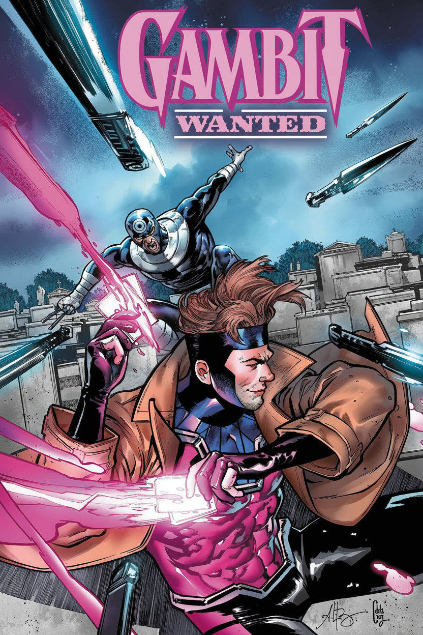 Comic book cover featuring a superhero in action with 'Gambit Wanted' text.