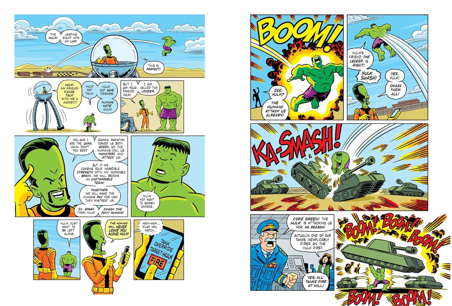 Comic book panel featuring a green superhero character and military tanks.