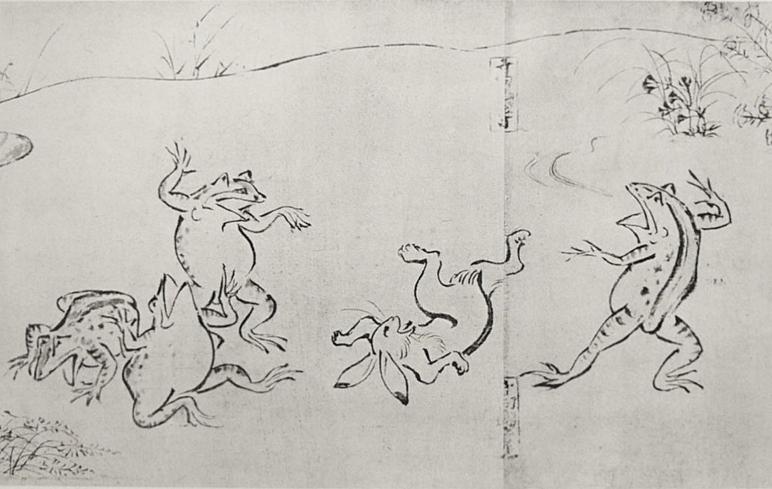 Frogs and rabbits wrestling in the Chōjū-jinbutsu-giga scrolls, Kyoto, 12th century (public domain)