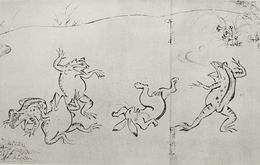Frogs and rabbits wrestling in the Chōjū-jinbutsu-giga scrolls, Kyoto, 12th century (public domain)