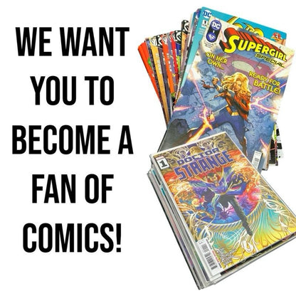 Stack of comic books with promotional text on a white background