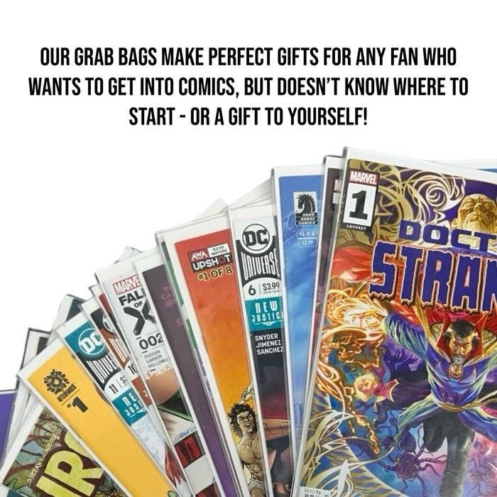 Comic books from Marvel and DC on a white background with promotional text.
