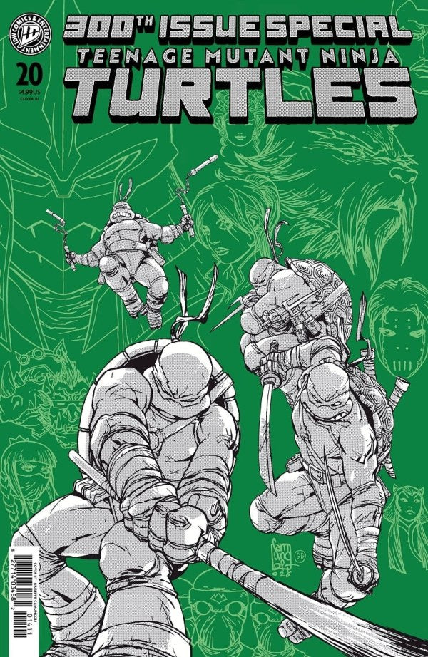 Comic book cover featuring Teenage Mutant Ninja Turtles on a green background