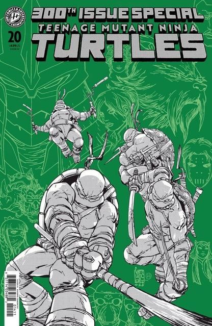 Comic book cover featuring Teenage Mutant Ninja Turtles on a green background