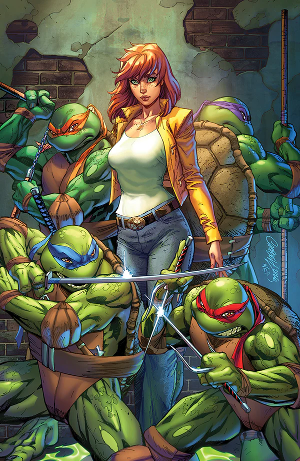 Comic-style illustration of a woman with red hair standing behind four green turtles in an urban alley, each wearing a colored mask and holding a weapon. The artwork is highly detailed and colorful, with a distressed brick wall background.