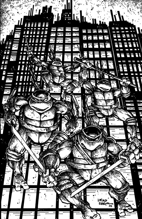 Black and white illustration of four turtles with weapons in front of a cityscape.