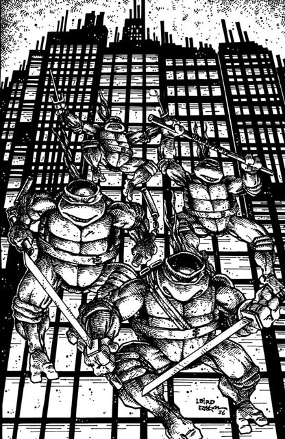 Black and white illustration of four turtles with weapons in front of a cityscape.
