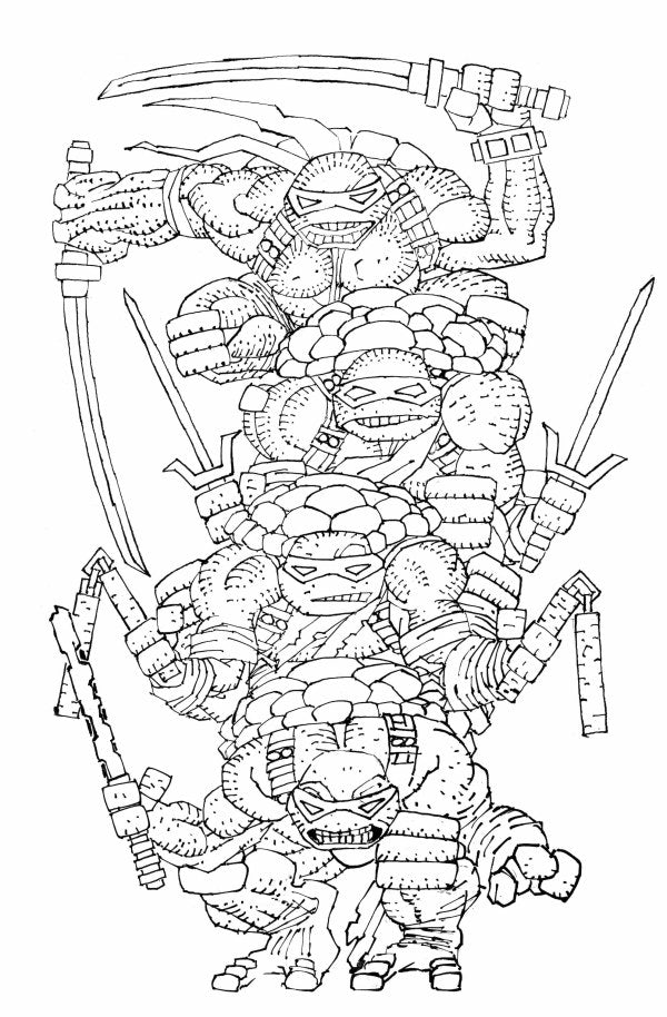 Coloring page of a stylized turtle character with weapons on a white background