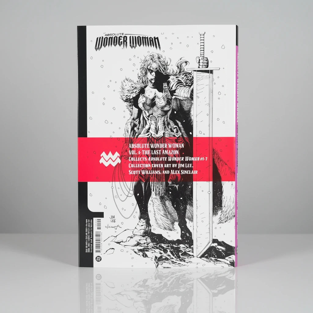 Comic book packaging with black and white illustration of a superheroine on a red background