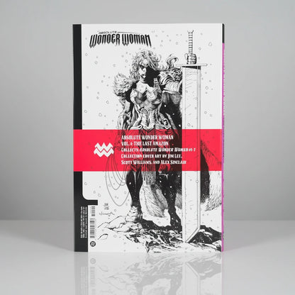 Comic book packaging with black and white illustration of a superheroine on a red background