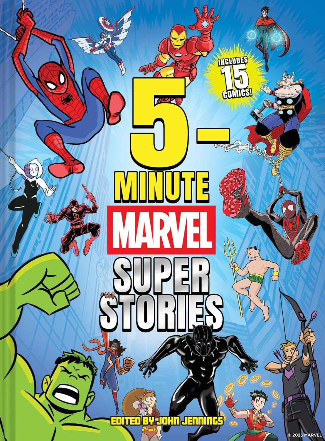 Book cover of '5-Minute Marvel Super Stories' with superhero characters on a blue background.