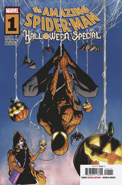 Amazing Spider-Man: Halloween Special #1 (2026) Cover A by Mike Hawthorne — Spider-Man hanging upside down with Hallows' Eve, pumpkins and spiders