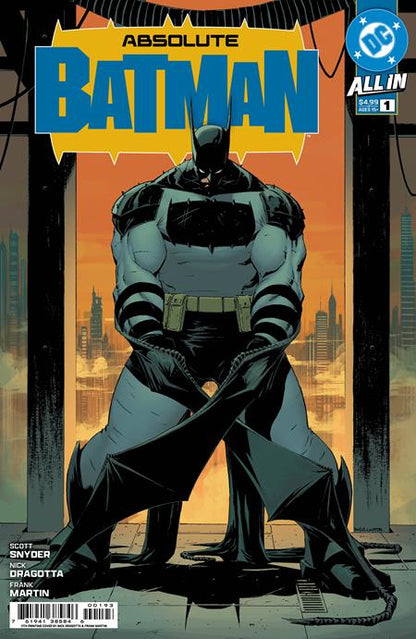 Comic book cover of 'Absolute Batman' with a superhero in a dynamic pose against a cityscape.