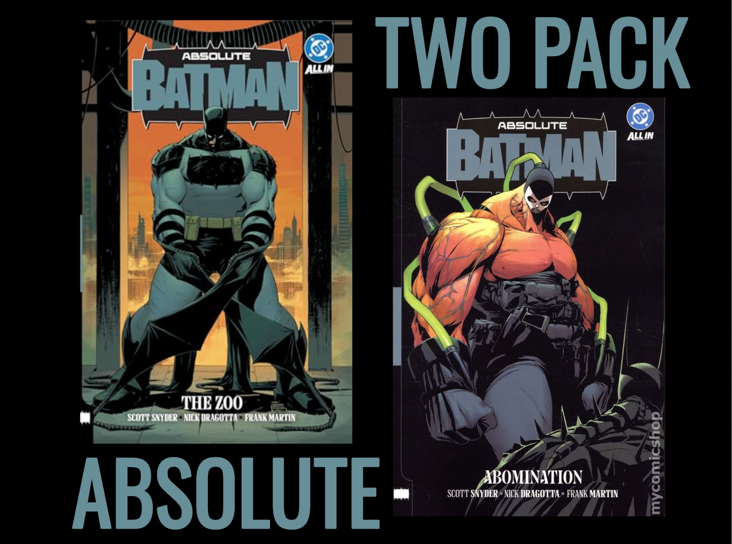 Two Batman graphic novel/comic book covers shown side by side on a black background, with large text reading 'TWO PACK' and 'ABSOLUTE'. The left cover is 'The Zoo' and the right cover is 'Abomination'.
