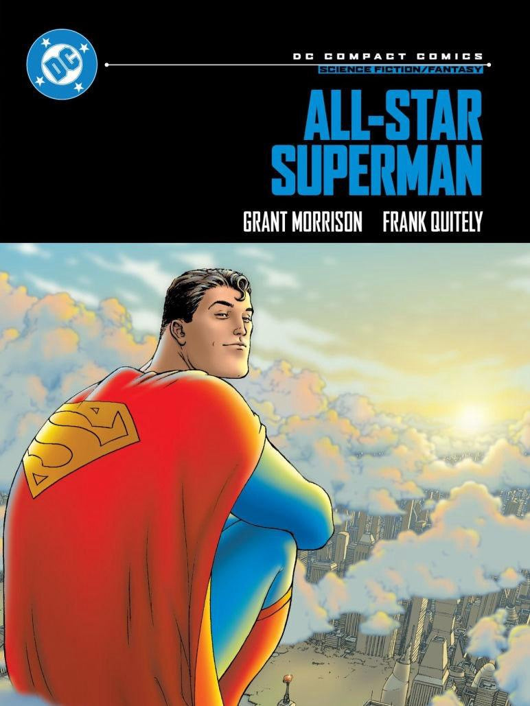 Comic book cover of 'All-Star Superman' with Superman looking over a cityscape.