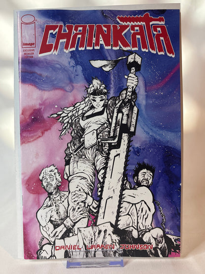 A comic book titled 'Chainkiller' by Daniel Warren Johnson, featuring a black and white illustrated cover with a blue and pink cosmic background, photographed on a light surface.