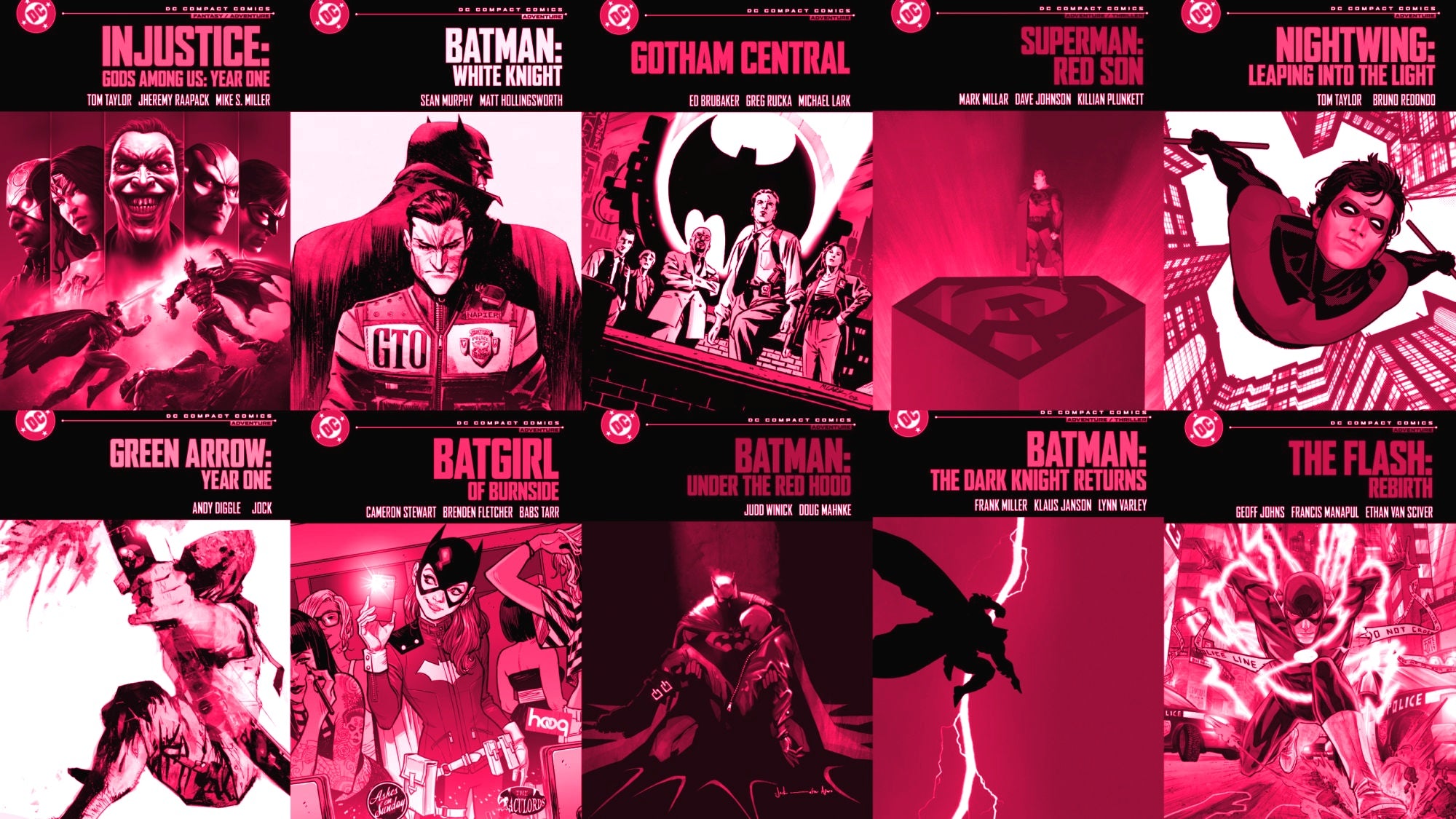 A 3x4 grid collage of comic book cover thumbnails in a monochrome red, black, and white Batman-themed palette, including titles such as Injustice, Batman: White Knight, Gotham Central, Nightwing: Leaping Into the Void, Green Arrow: Year One, Batman: The Red Knight, Batman: Under the Red Hood, The Flash, and others.