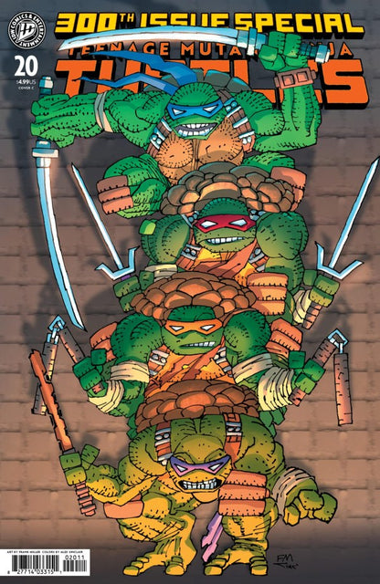 Cover of Teenage Mutant Ninja Turtles comic book with turtles stacked on top of each other.