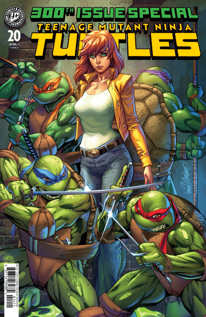 Comic book cover featuring a woman standing among Teenage Mutant Ninja Turtles