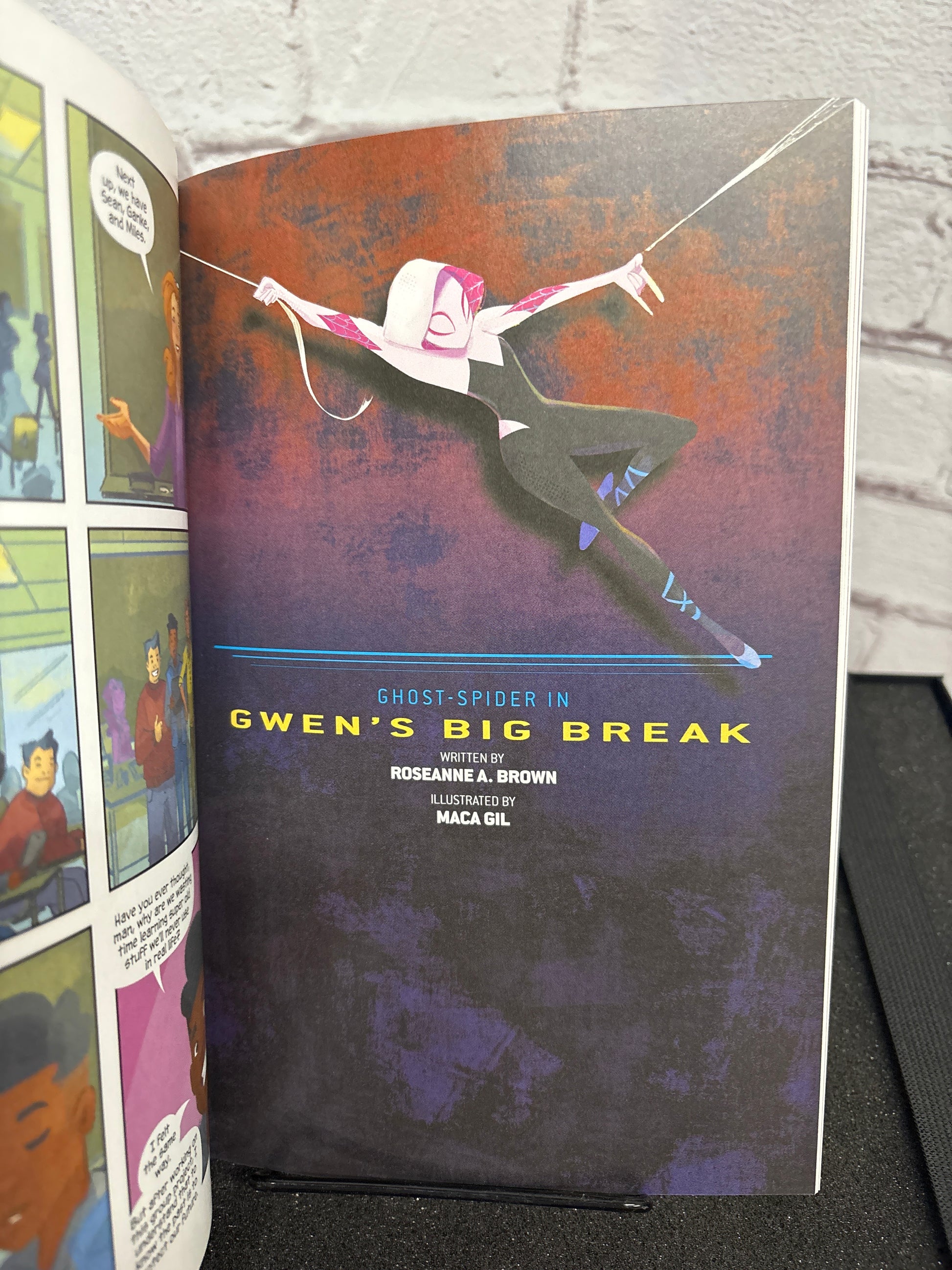 Comic book with a cover featuring a character in a dynamic pose against a colorful background.