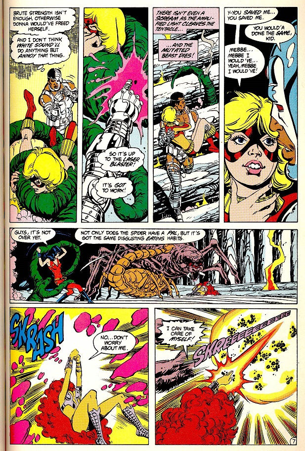 Comic book panel featuring superhero action with dynamic poses and vibrant colors.