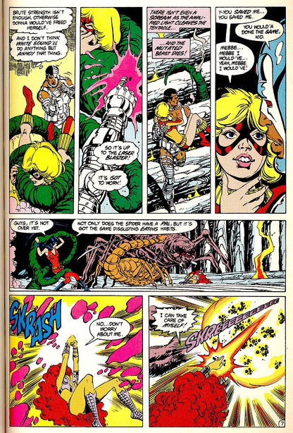 Comic book panel featuring superhero action with dynamic poses and vibrant colors.