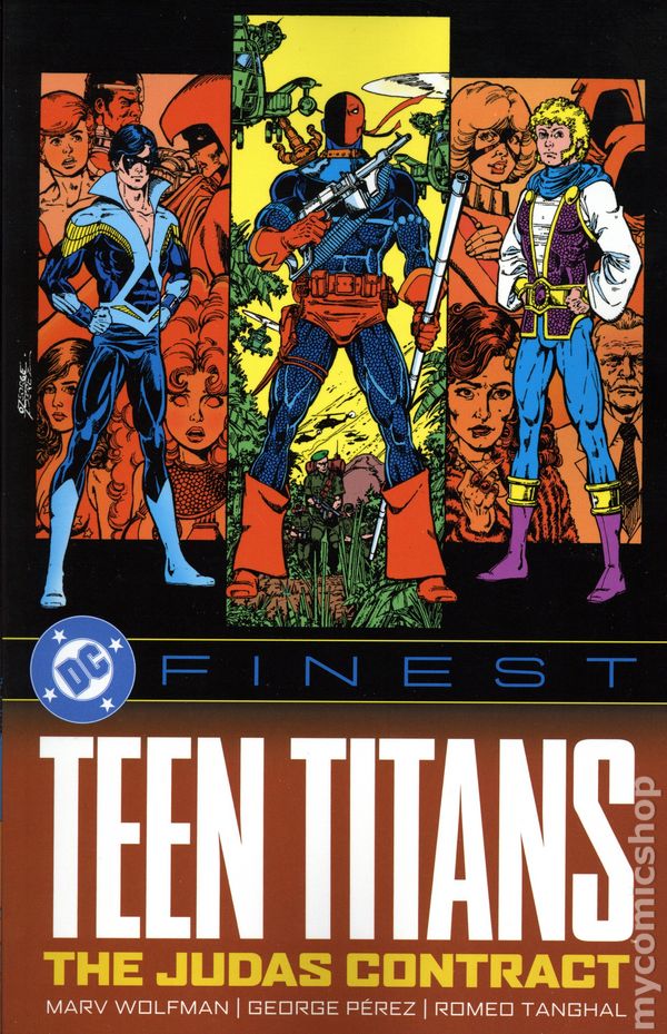 Comic book cover of Teen Titans featuring three characters with a colorful background.