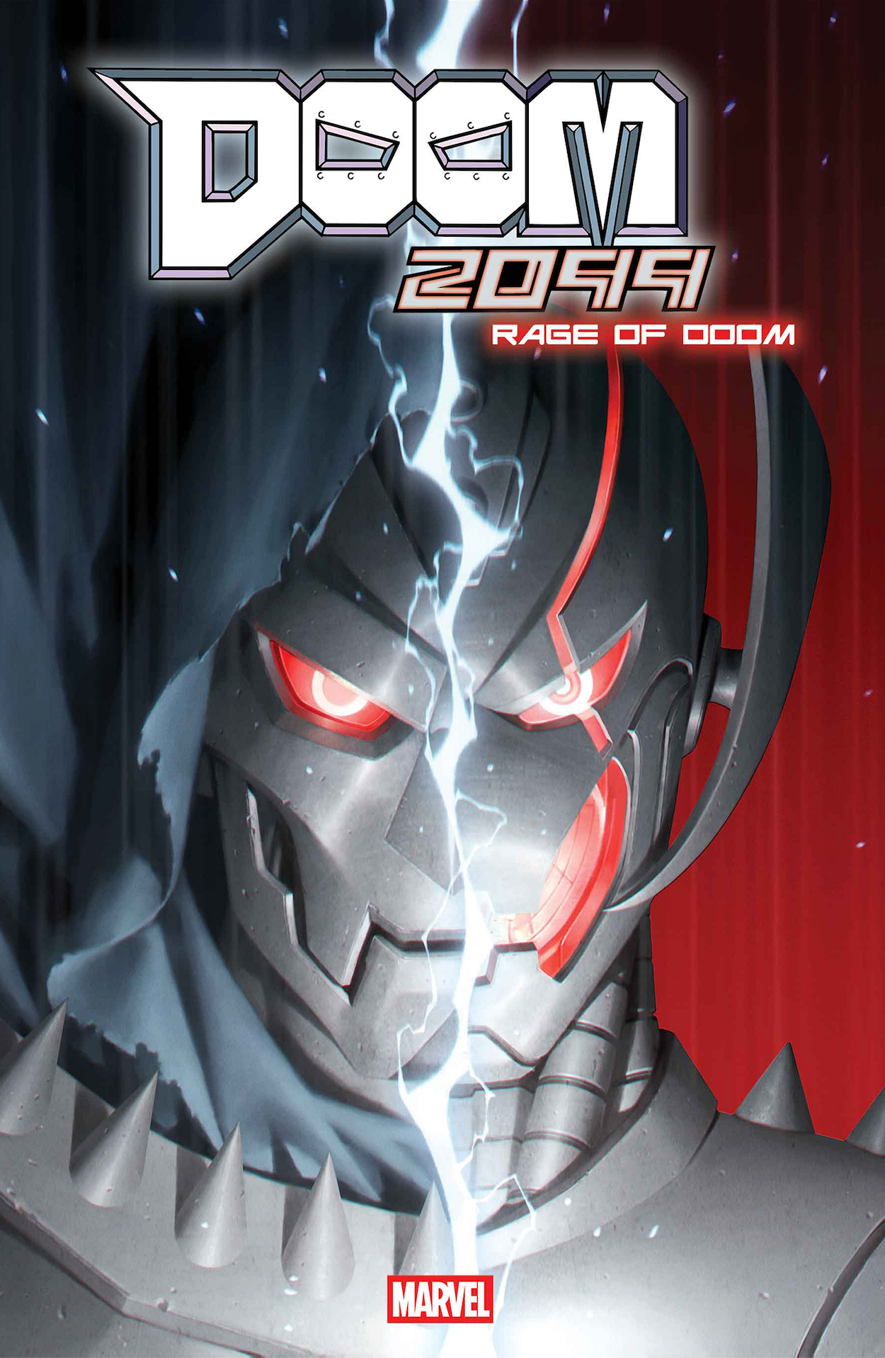 Comic book cover of 'Doom 2099: Rage of Doom' with a character in a helmet and red eyes.