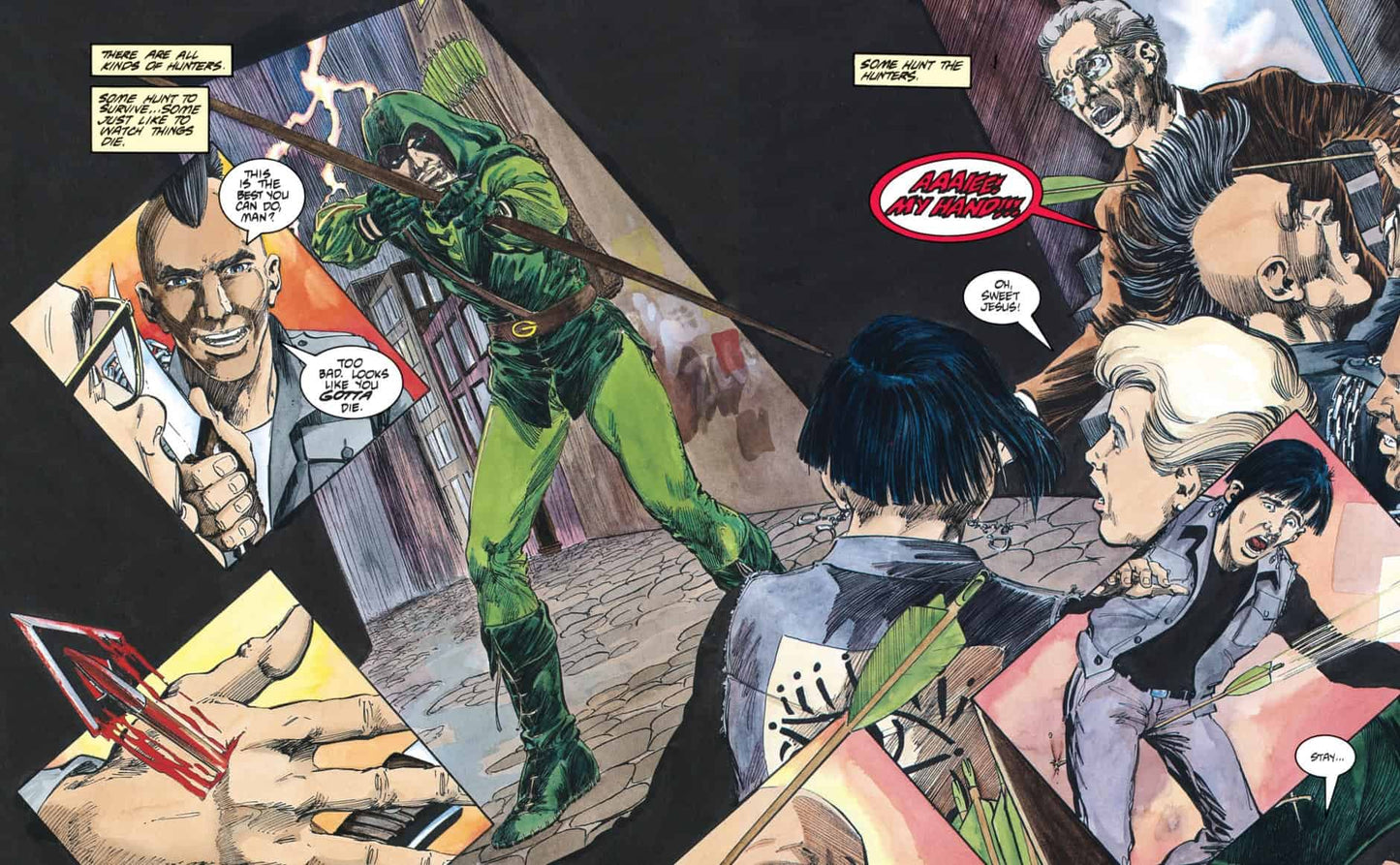 Comic book panel with Green Arrow and other characters in a dynamic scene.