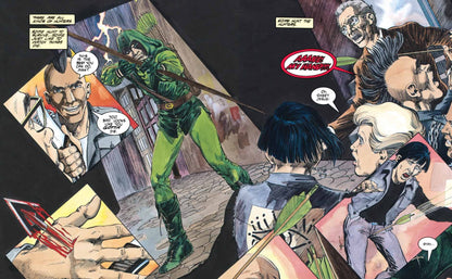 Comic book panel with Green Arrow and other characters in a dynamic scene.