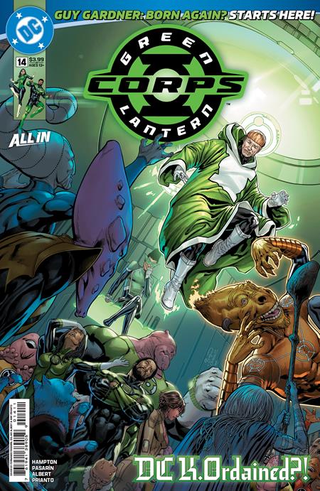 Comic book cover featuring Green Lantern and other characters with a green and blue color scheme.
