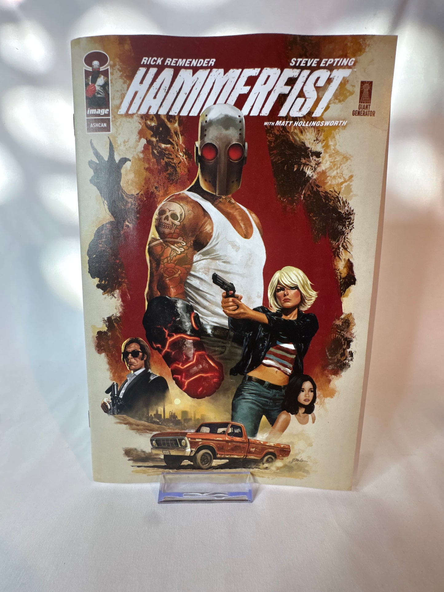 A comic book titled 'Hammerfest' by Steve Rybkin, featuring a highly detailed, colorful cover illustration with multiple characters and a red background, photographed on a white surface.