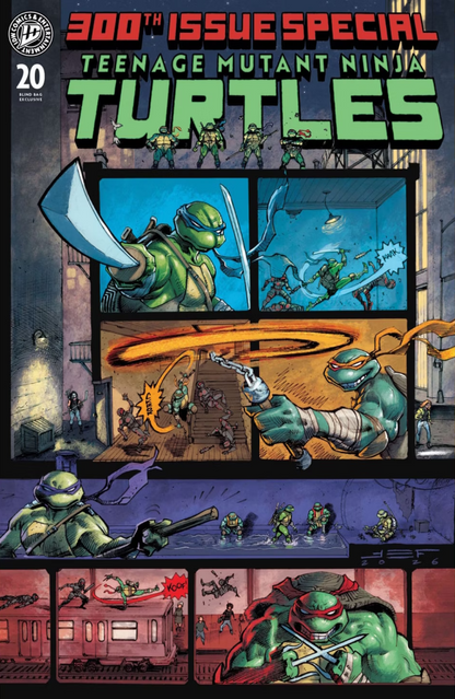 Comic book cover featuring Teenage Mutant Ninja Turtles with action scenes and character illustrations.