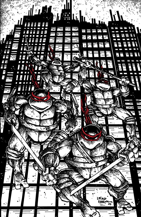 Three turtles with masks standing in front of a cityscape