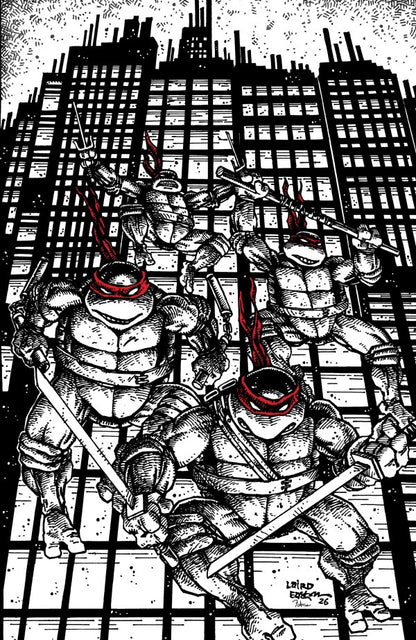 Three turtles with masks standing in front of a cityscape