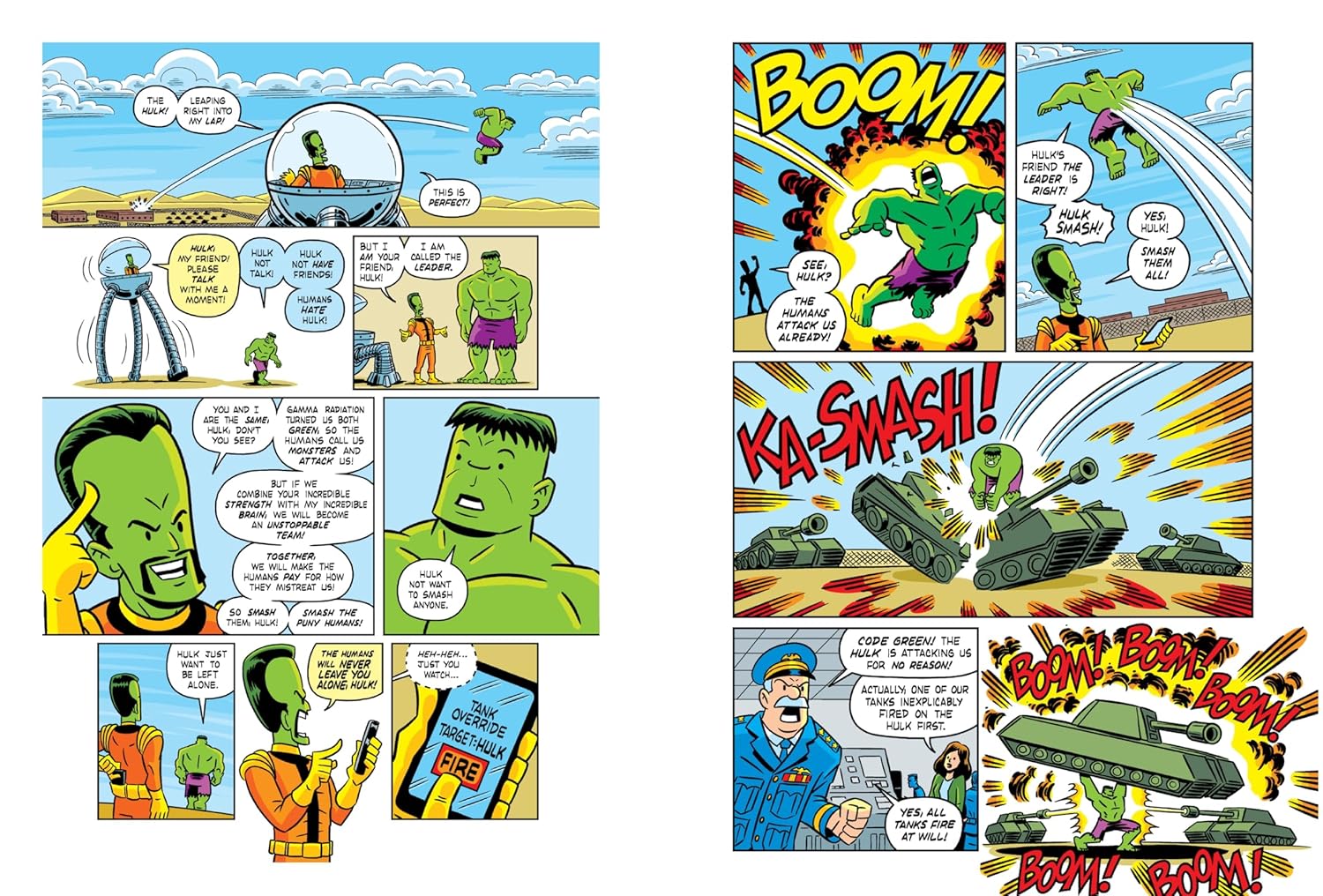Comic book panel featuring a green superhero character and military tanks.