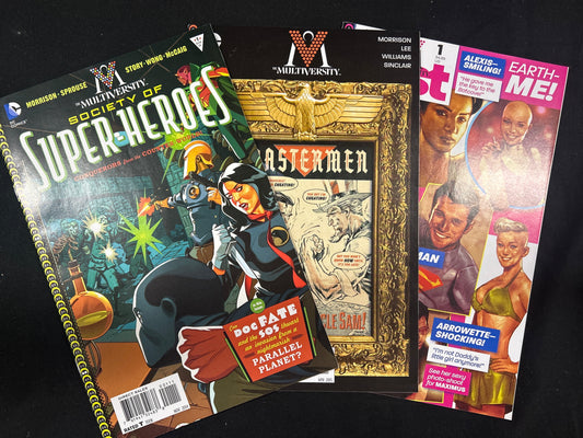 Three comic books on a black background
