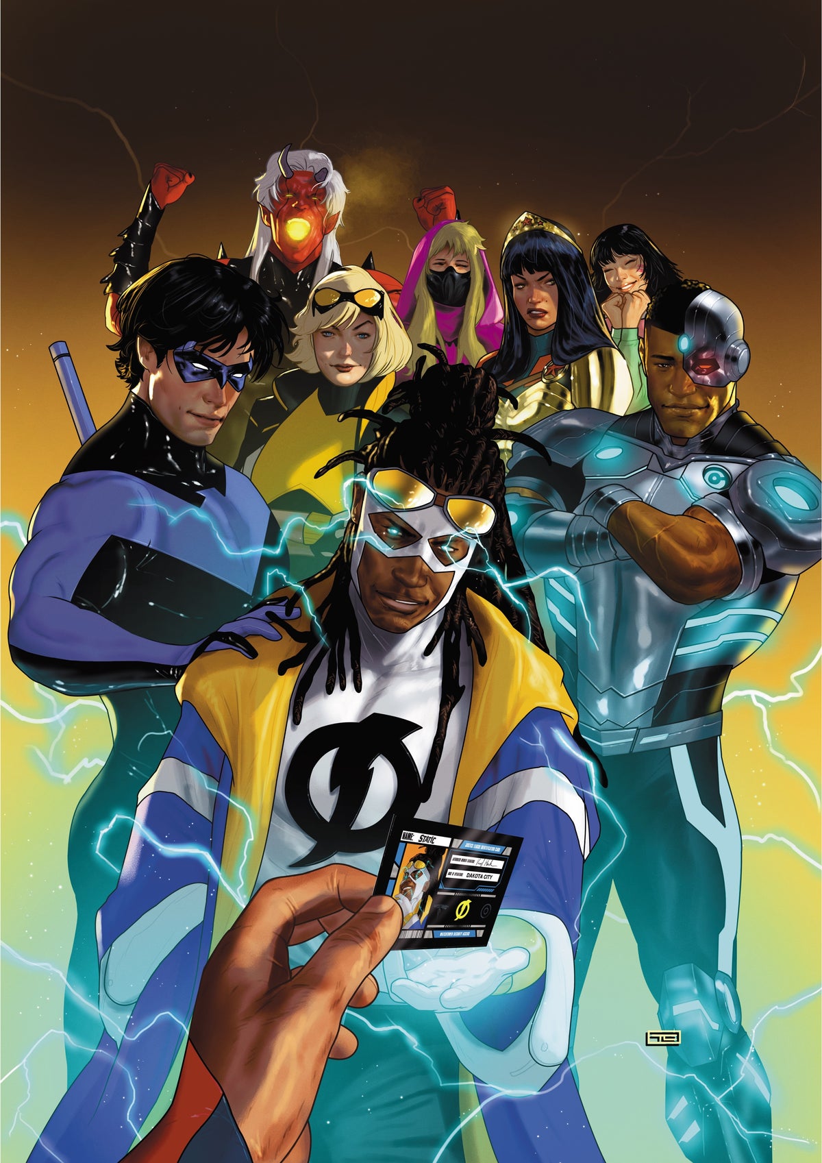 New Titans #38 Second Printing Cover A by Taurin Clarke — Static holding his Titans ID card with Nightwing, Cyborg and the team behind him