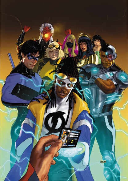 New Titans #38 Second Printing Cover A by Taurin Clarke — Static holding his Titans ID card with Nightwing, Cyborg and the team behind him