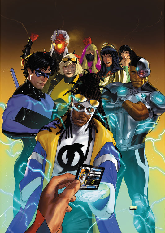 New Titans #38 Second Printing Cover A by Taurin Clarke — Static holding his Titans ID card with Nightwing, Cyborg and the team behind him