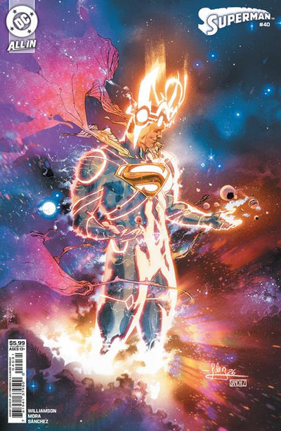 Superman comic book cover with glowing energy effects against a cosmic background