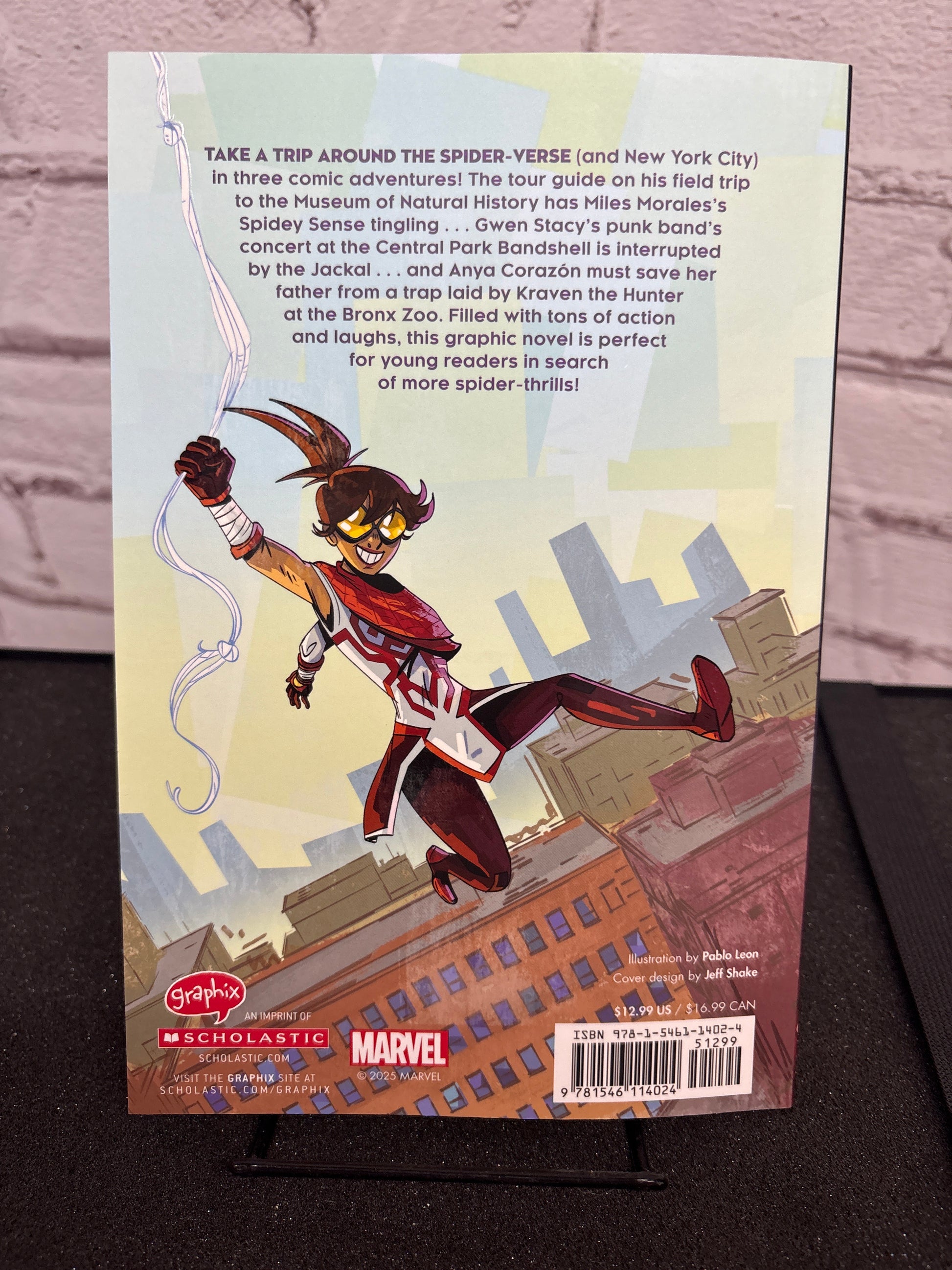 Book cover with superhero character on a cityscape background