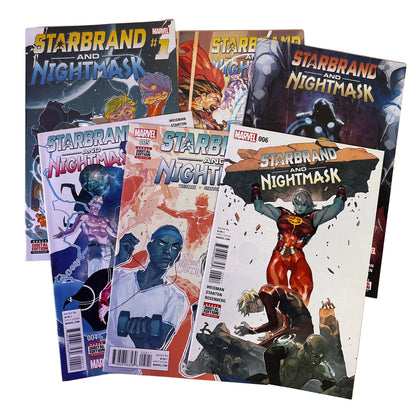 Comic books featuring Starbrand and Nightmask on a wooden surface.
