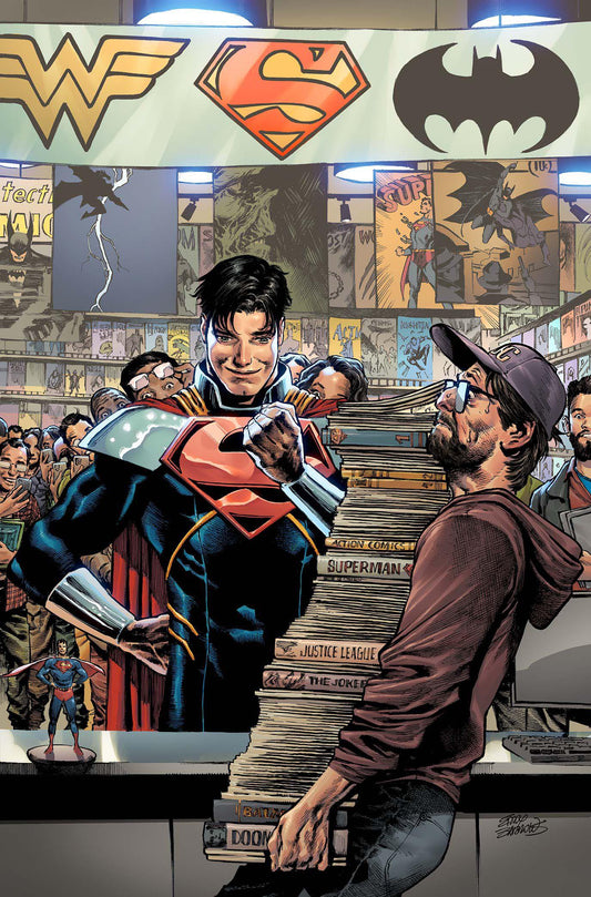 Superman character holding a man in a comic book store with superhero logos above.