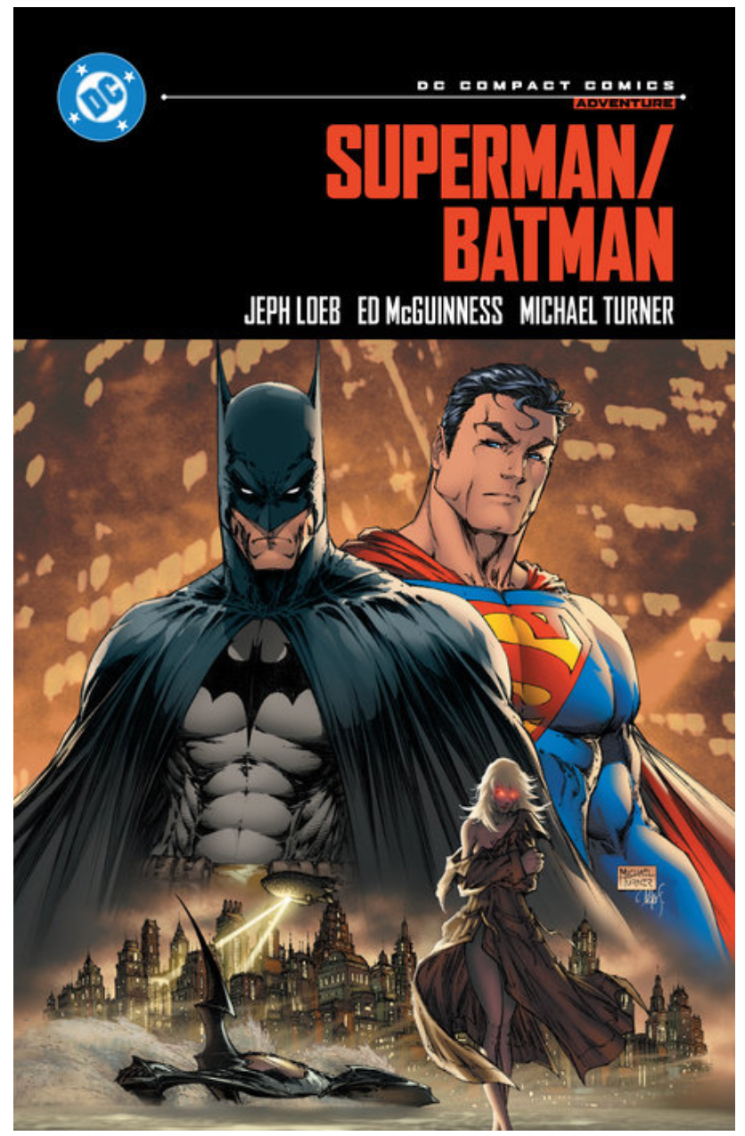 Comic book cover featuring Superman and Batman with a cityscape background.