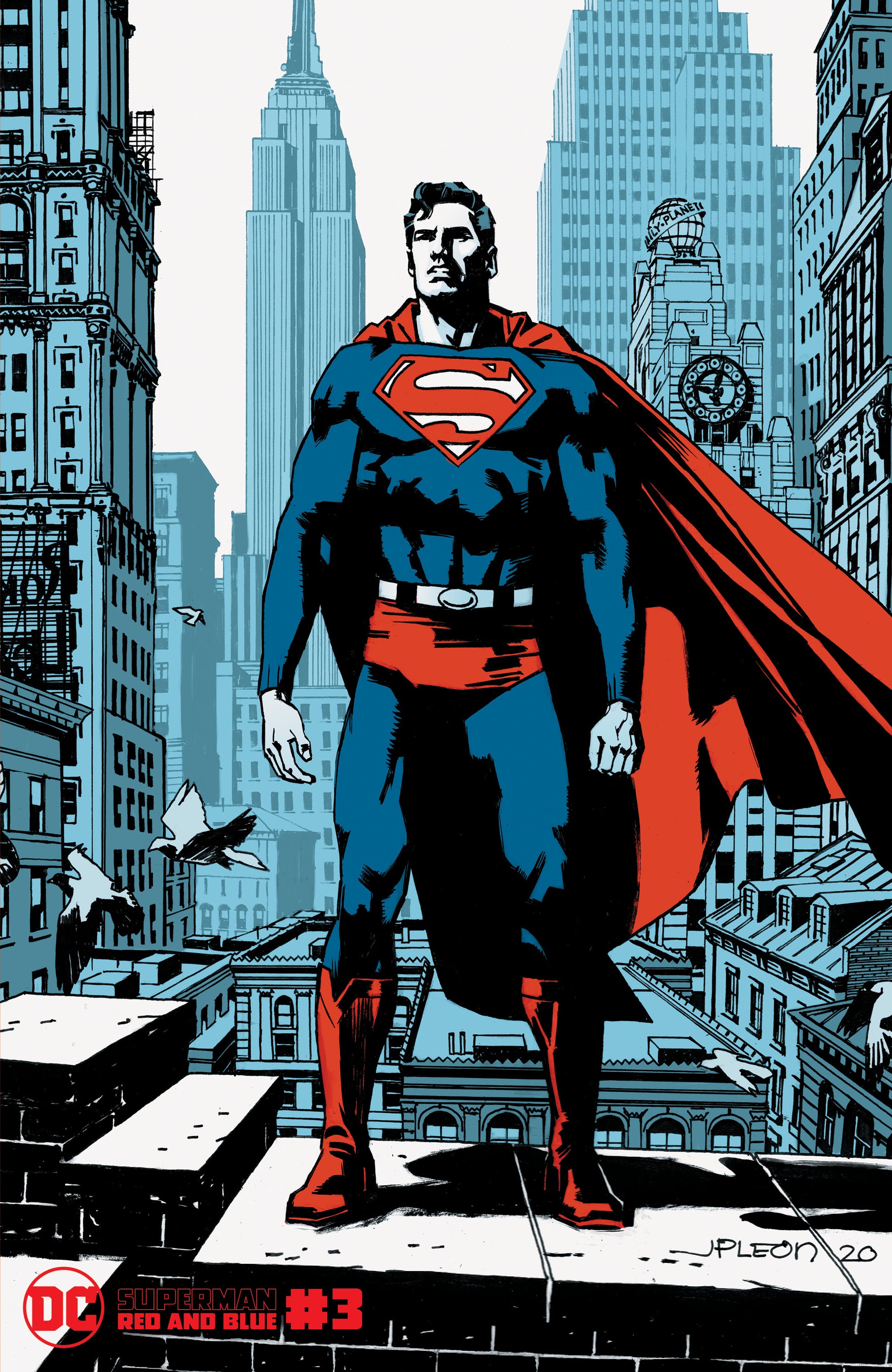 Superman standing on a rooftop with a cityscape in the background