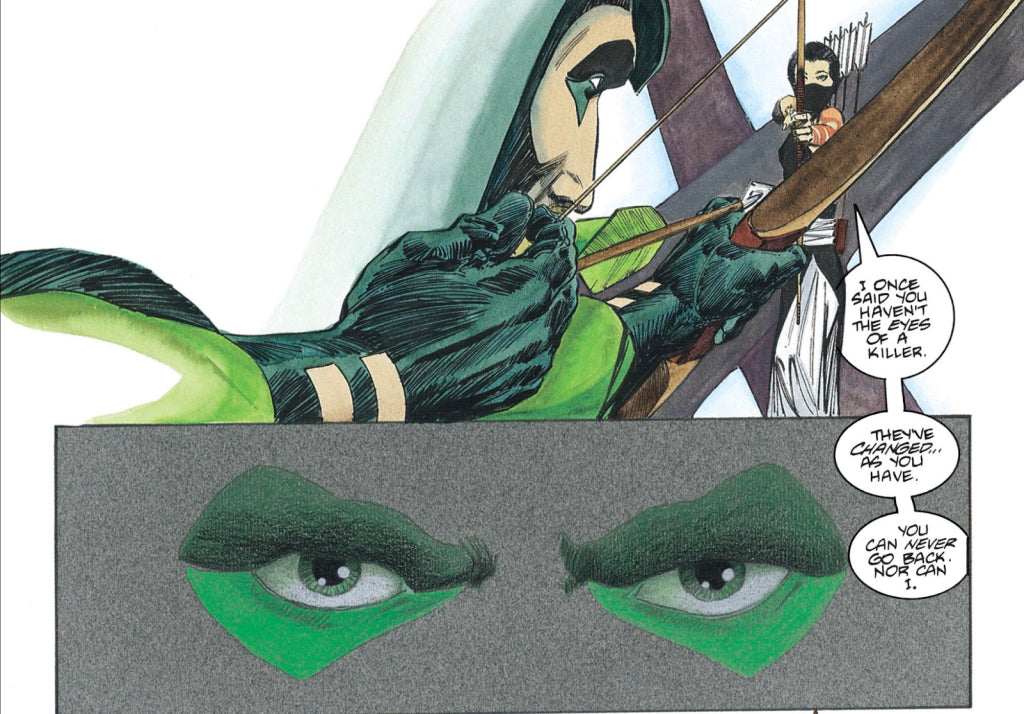 Comic book panel featuring a character in a green costume with a close-up of their eyes.