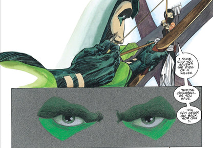 Comic book panel featuring a character in a green costume with a close-up of their eyes.