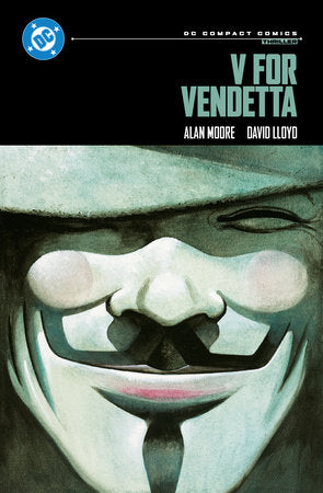 Book cover of 'V for Vendetta' by Alan Moore and David Lloyd featuring a mask with a peace symbol.